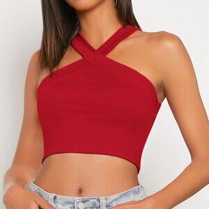 SHEIN - Halter Crop Top Bodycon Sleeveless Rib Knit Crisscross Straps Red Medium